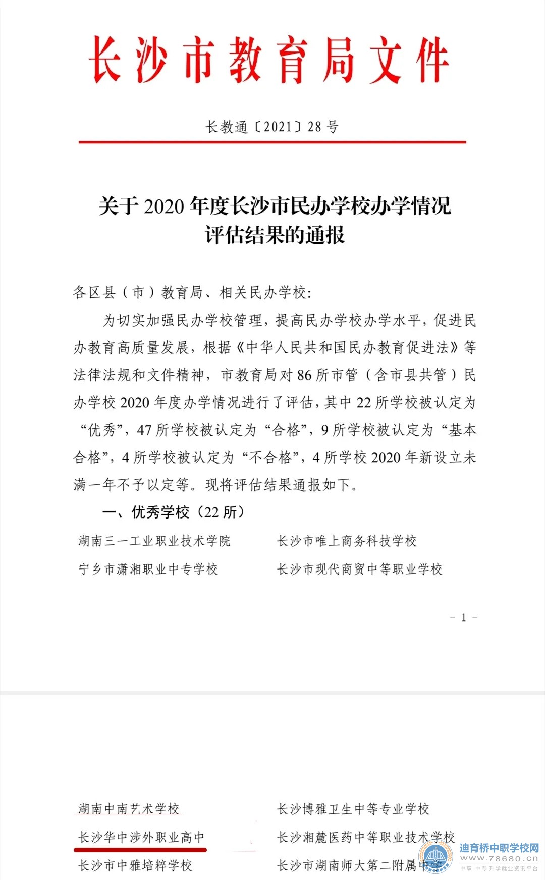 长沙华中涉外职业高中在2020年度长沙市民办学校办学情况评估中荣获优秀学校